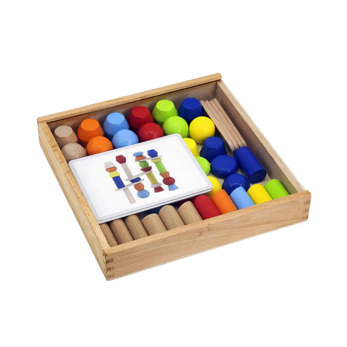 Includes a wooden box, 6 double-sided cards and 46 blocks with different shapes.