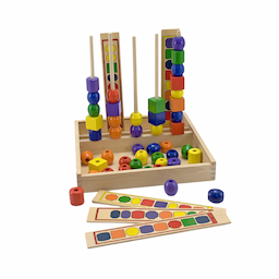 Includes 72 beads, 10 pattern panels, 10 sticks, and 2 cords. Enhances shape/color recognition and motor skills.