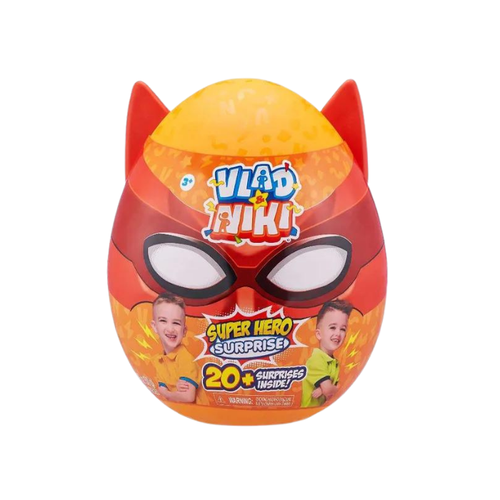 20+ SUPRISES INSIDE: Scratch & Reveal Comic Book; Robot; Race Cars; Super Hero Mask; SuperHero Cape; Water Blaster; Light-Up Skateboard; SuperHero Launcher; SuperHero Bracelet; Vlad & Niki Stickers; Vlad & Niki Bag Tag; SuperHero Figurines; Stamp; Tattoo; Snap Band