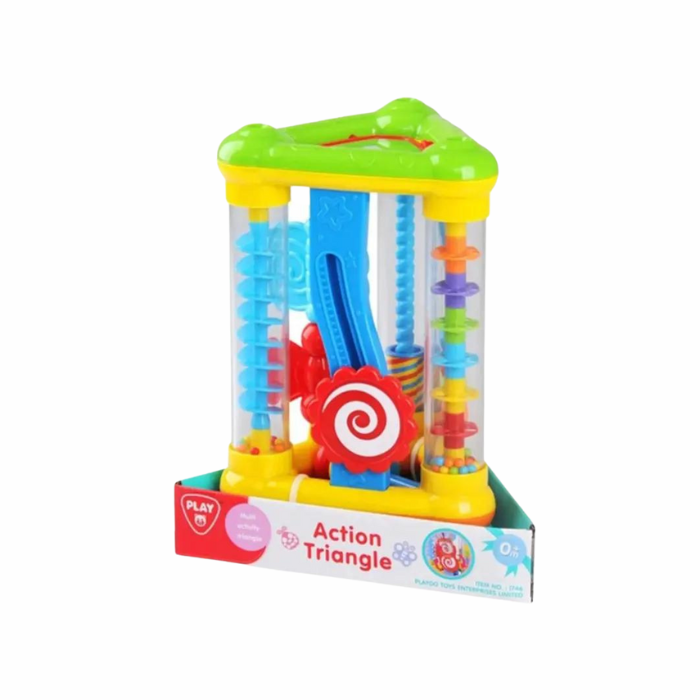 An activity triangle provides tactile and sensory stimulation for children, Enhances fine motor skills and hand-eye coordination. - The activity triangle creates soothing sounds of the rain maker and offers 8 activities for your infant or young child to participate in. Ages 9 to 24 months.