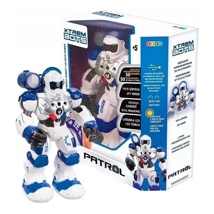 RC Robot Patrol Bot by XTREM Bots.Infrared controller,  Programming mode: 50 actions. Robotic sounds and LED lights, More than 20 jobs. - Charged using USB. The controller works with two AA batteries (not included). The robot works with 3.7V, 600mAh (included). Suitable age group: 5+ and above.