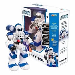 RC Robot Patrol Bot by XTREM Bots.Infrared controller,  Programming mode: 50 actions. Robotic sounds and LED lights, More than 20 jobs. - Charged using USB. The controller works with two AA batteries (not included). The robot works with 3.7V, 600mAh (included). Suitable age group: 5+ and above.