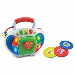 Little Learner My First CD Player, Each CD plays something different, like classical music, nursery rhyme, & Rock n' Roll. Even has a CD storage place in back, buttons on the CD player are guitar, drum, & bell, also buttons for funny sounds & next song. 3 Different Melodies Discs. Great for creative play, sensory development, & imaginative play