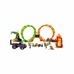 The set consists of 598 pieces. Children use the bicycle, tie the ring, and overcome the wall of flame. The Ring of Fire is over 20cm high and 34cm deep. Includes step-by-step building instructions for kids. Includes 2 rings, a wall of flames, a large truck, 2 bus bikes and 7 minifigures. Kids play sets help develop creativity and self-confidence. Suitable age group: 7+ years and above.