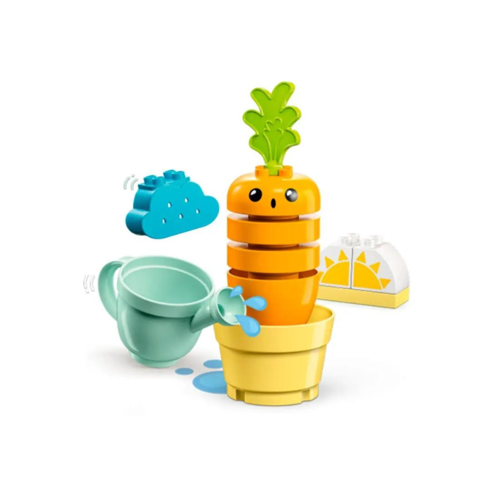 This colorful set is designed to introduce toddlers to sustainability as they care for the carrot and stack the bricks to help it grow. Give them the responsibility of determining the weather with the sun and rain cloud stones so that the plant gets what it needs. If the plant needs some help, children can water it with the watering can. The surprised look on the carrot's face shows that the water was quite cold.