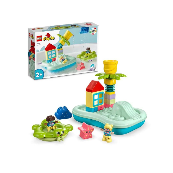 Make a splash at bath time with the Water Park (10989) toy, a creative playset for toddlers aged 2+ that develops number recognition and fine motor skills. This bath-time toy comes with a floating island and turtle ring, flexible palm tree and water bucket, octopus slide, 2 child figures, a sea star and rain-cloud pourers. It consists of 19 pieces.